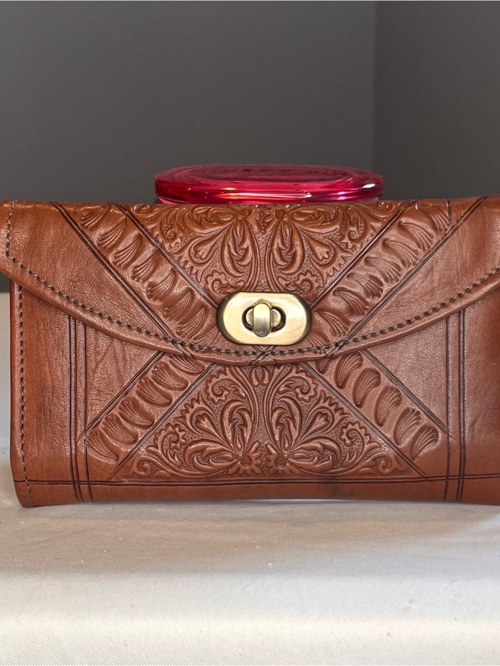 Hand-Tooled Leather Clutch Wallet/Wristlet in Brown
